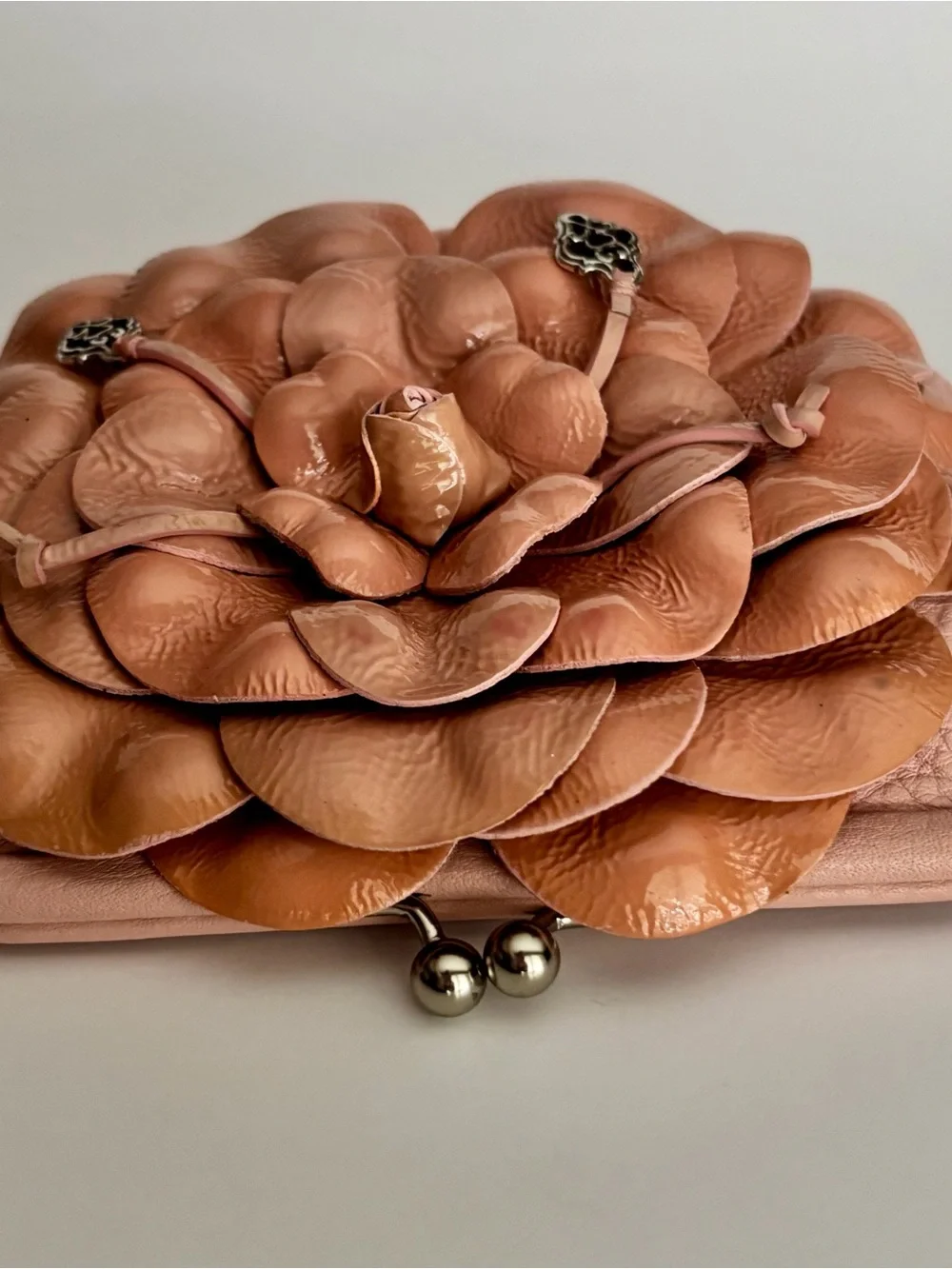 Brighton Pink Leather Floral Appliqué Mini Kiss Lock Bag